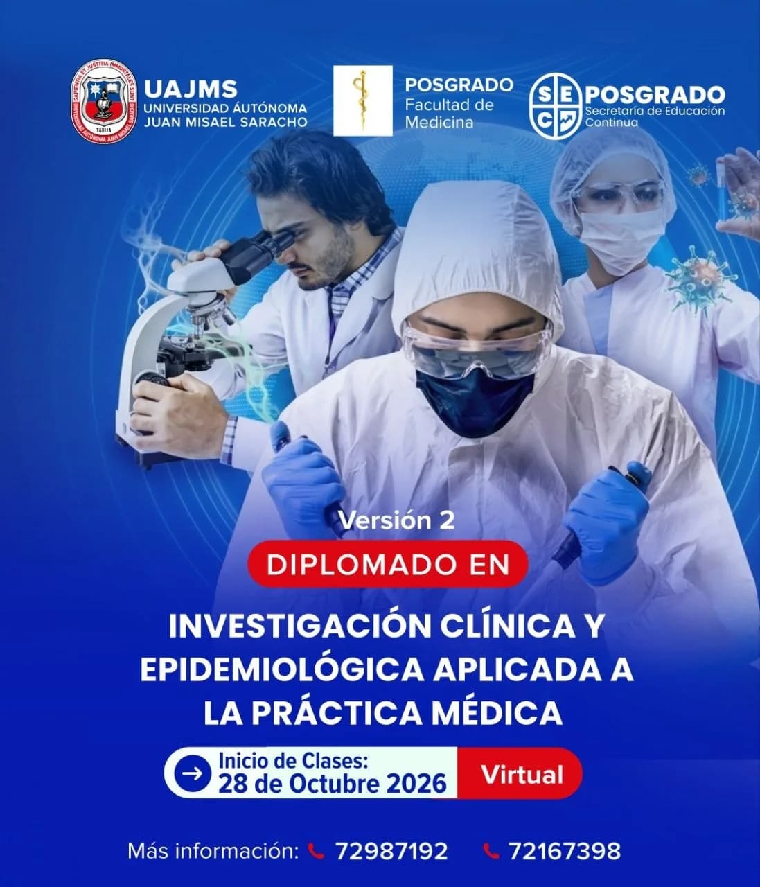 Afiche azul con tres profesionales de la salud con trajes de protección y microscopio