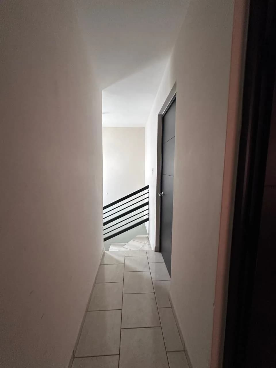 Pasillo interior con paredes blancas, piso de loseta y una puerta gris oscura al fondo